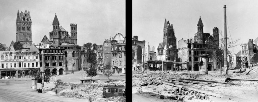 Umfassende Zerstörung: St. Aposteln 1942 (links) und 1945 (rechts)